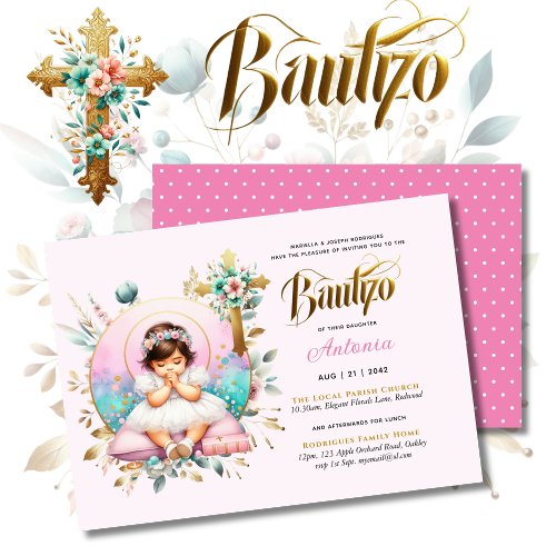 Girls BAUTIZO Pink Gold Floral Cross Invitation