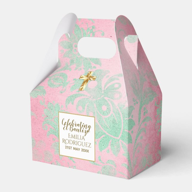 Girls Bautizo Pink Mint Green Damask Gold Cross Favor Boxes (Front Side)