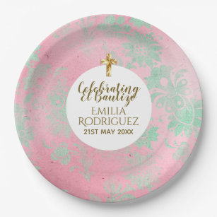 Girls Bautizo Pink Mint Green Damask Gold Cross Paper Plates