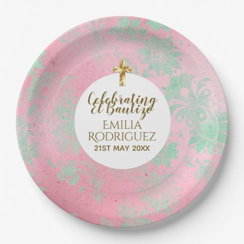 Girls Bautizo Pink Mint Green Damask Gold Cross Paper Plates