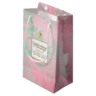 Girls Bautizo Pink Mint Green Damask Gold Cross Small Gift Bag