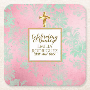 Girls Bautizo Pink Mint Green Damask Gold Cross Square Paper Coaster