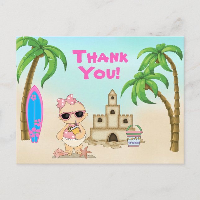 Girls Beach Baby Sandcastle, Surfboard Thank You Postcard (Front)