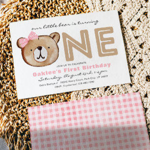 Girl's Bear First Birthday Invitation
