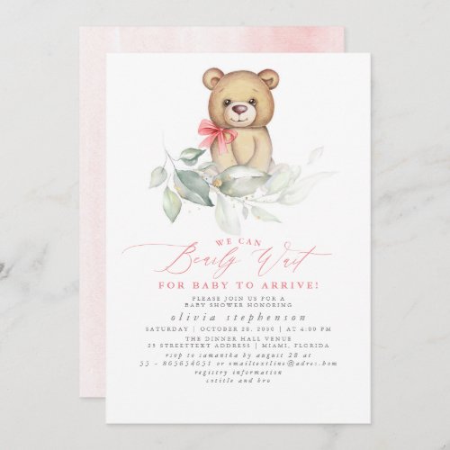 Girls Bear Watercolor Greenery Baby Shower Invitation