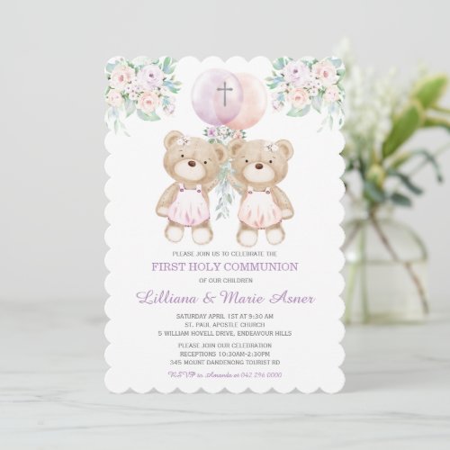 Girls Bears Twin Communion Invitations