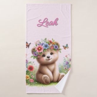 Girls Beary Cute Pink Floral Bath Towel