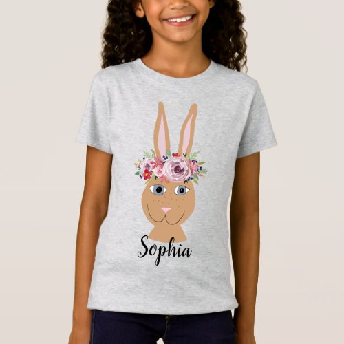 Girls Beautiful Floral EasterBunny Rabbit and Name T_Shirt