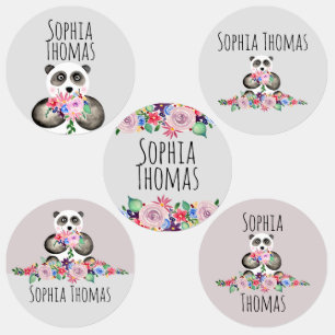 Girls Beautiful Floral Watercolor Panda and Name Kids' Labels