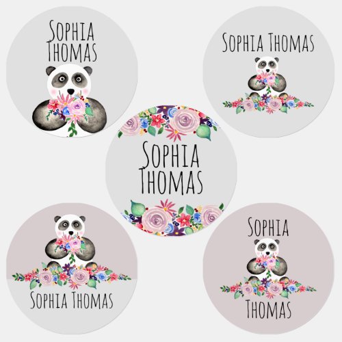 Girls Beautiful Floral Watercolor Panda and Name Kids Labels