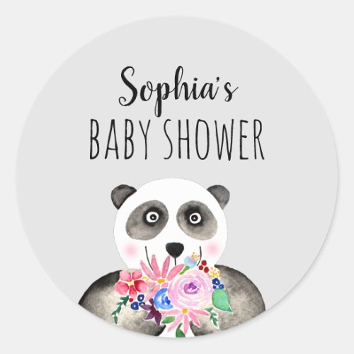 Girls Beautiful Flowers Panda and Name Baby Shower Classic Round Sticker