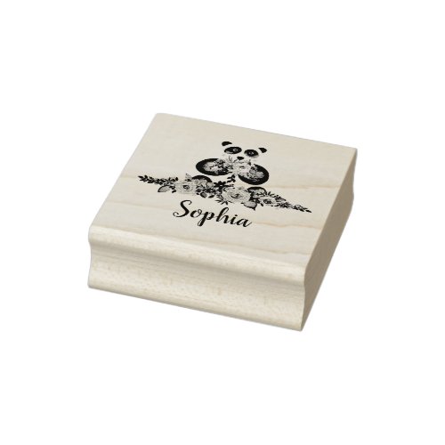 Girls Beautiful Flowers Panda and Name Bookplate Rubber Stamp