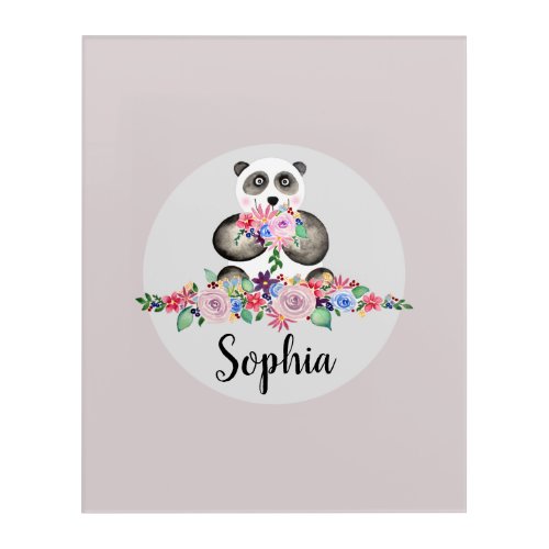 Girls Beautiful Flowers Watercolor Panda and Name Acrylic Print