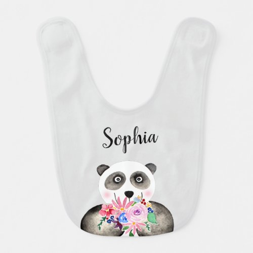 Girls Beautiful Flowers Watercolor Panda and Name Baby Bib