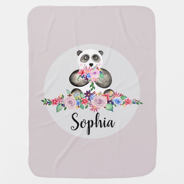 Girls Beautiful Flowers Watercolor Panda and Name Baby Blanket (Front)