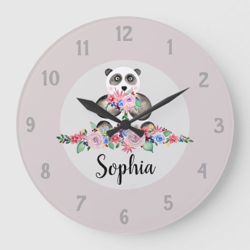 Girls Beautiful Flowers Watercolor Panda and Name Large Clock