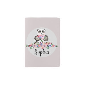 Girls Beautiful Flowers Watercolor Panda and Name Passport Holder