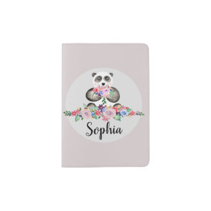 Girls Beautiful Flowers Watercolor Panda and Name Passport Holder