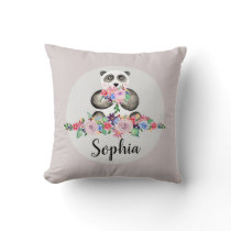 Girls Beautiful Flowers Watercolor Panda and Name Throw Pillow