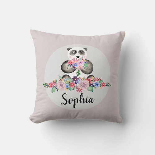 Girls Beautiful Flowers Watercolor Panda and Name Throw Pillow