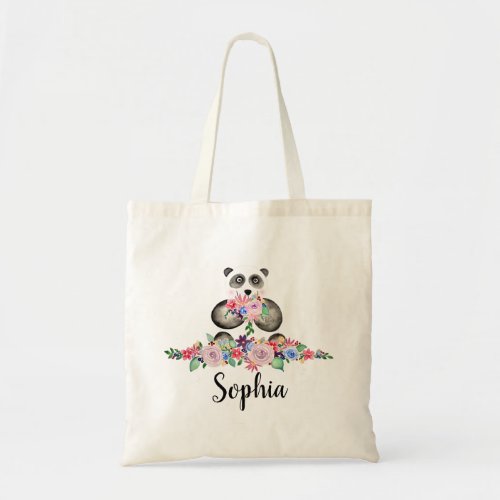 Girls Beautiful Flowers Watercolor Panda and Name Tote Bag