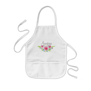 Girl's Beautiful Pink Watercolor Flowers with Name Kids' Apron