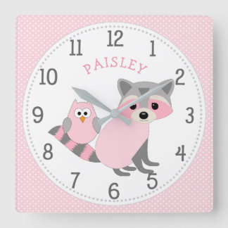 Girl's bedroom decor with name, woodland animal square wall clock