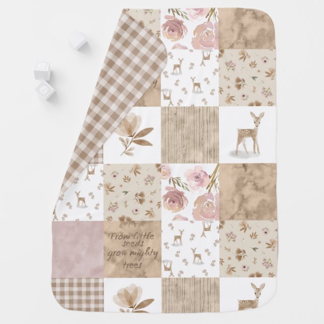 Girls Beige and Pink Woodland Patchwork Baby Blanket (In Situ)