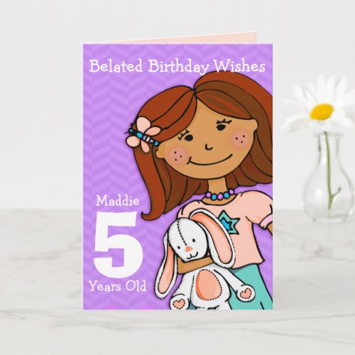 Girls belated 5th birthday girl dark hair purple card