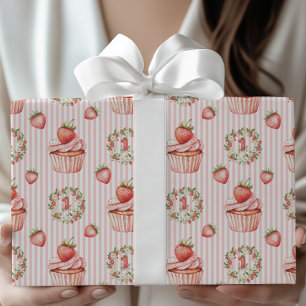 Girl's Berry 1st Birthday Strawberry Cupcake Wrapping Paper