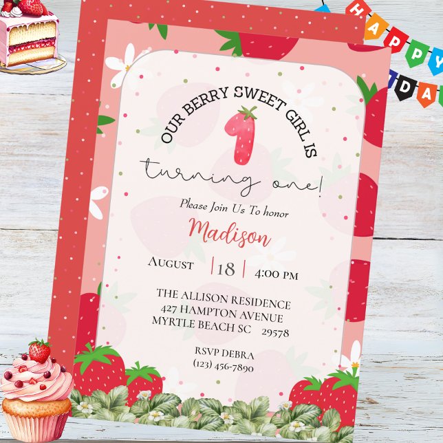 Girls Berry 1st  Birthday Strawberry Party   Invitation (Creator Uploaded)