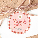 Girls Berry First Gingham Kids 1st Birthday Favor Classic Round Sticker<br><div class="desc">This cute girls 1st birthday Favor sticker features adorable pink strawberry flower,  with red gingham,  and can be personalized with your girls name in whimsical typography. The “berry first” design is perfect for your little one's birthday!</div>