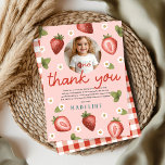 Girls Berry First Kids 1st Birthday Photo Thank You Card<br><div class="desc">This cute and whimsical girls 1st birthday thank you design features adorable pink strawberry and flower illustrations, and can be personalized with your own thank you message and your girls photo. The “berry first” design also features a matching red gingham pattern on the back. The perfect berry farm design for...</div>