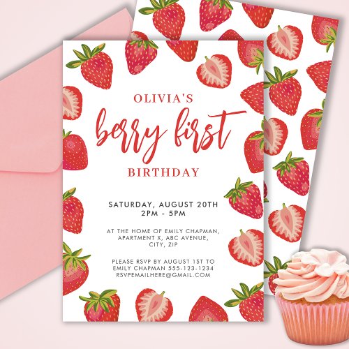 Girls Berry First strawberry birthday party Invitation