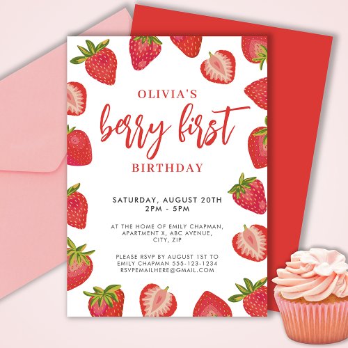 Girls Berry First strawberry birthday party Invitation