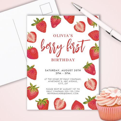 Girls Berry First strawberry birthday party Invitation Postcard