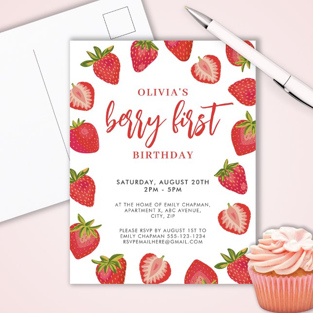 Girls Berry First strawberry birthday party Invitation Postcard (Berry First 1st strawberry birthday party invitation postcard. Custimize with your own text.)