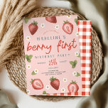 Girls Berry First Summer Kids First Birthday Invitation<br><div class="desc">This cute and whimsical girls 1st birthday invitation design features adorable pink strawberry and flower illustrations, and can be personalized with all the information you need for your child's first party in a cute and colorful typography. The “berry first” invite also features a matching red gingham pattern on the back....</div>