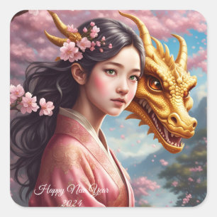 Girls between cherry blossoms square sticker