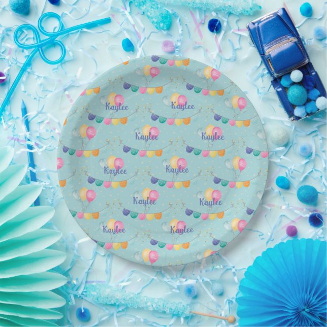 Girls Birthday Balloons and Polka Dots   Paper Plates (Party)