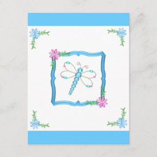 Girls Birthday Blue & White Flowers Dragonfly Invitation