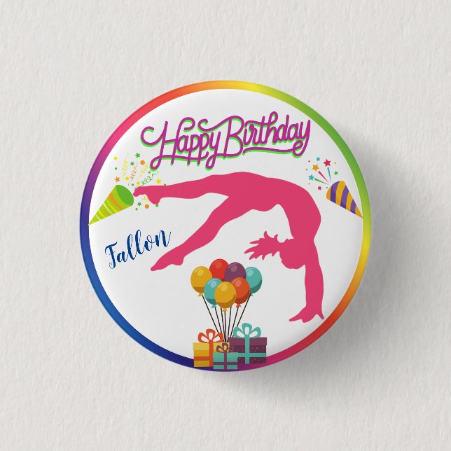Girls Birthday Gymnastics Handspring Rainbow Trim  Button (Front)