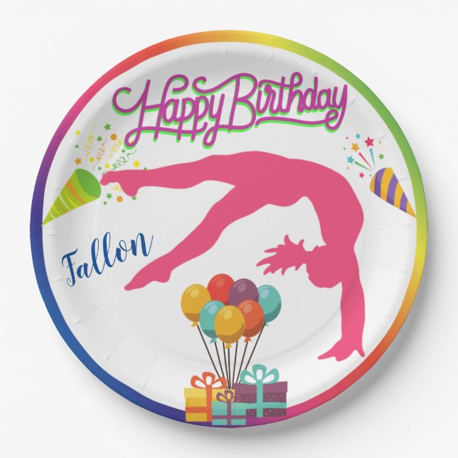 Girls Birthday Gymnastics Handspring Rainbow Trim Paper Plates (Front)