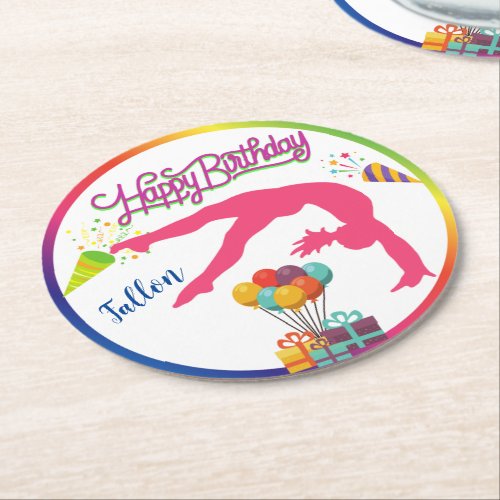 Girls Birthday Gymnastics Handspring Rainbow Trim  Round Paper Coaster