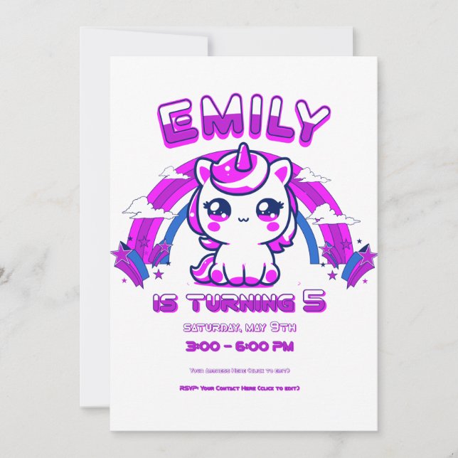 Girls Birthday Invitation Unicorn - Editable (Front)