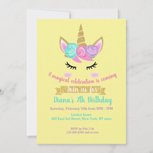 Girls Birthday Invitation Unicorn Theme 