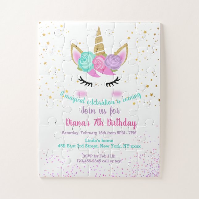 Girl's Birthday Invitation Unicorn Theme  Jigsaw Puzzle (Vertical)