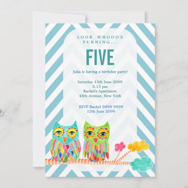 Girls Birthday Party Chevron Rainbow Owls Invite (Front)
