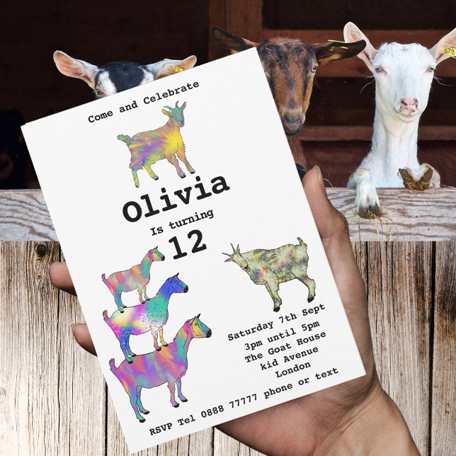 Girls Birthday Party Colorful Cute Goats Funny (Cute goats colorful farm animal art 12th birthday party budget invitation )