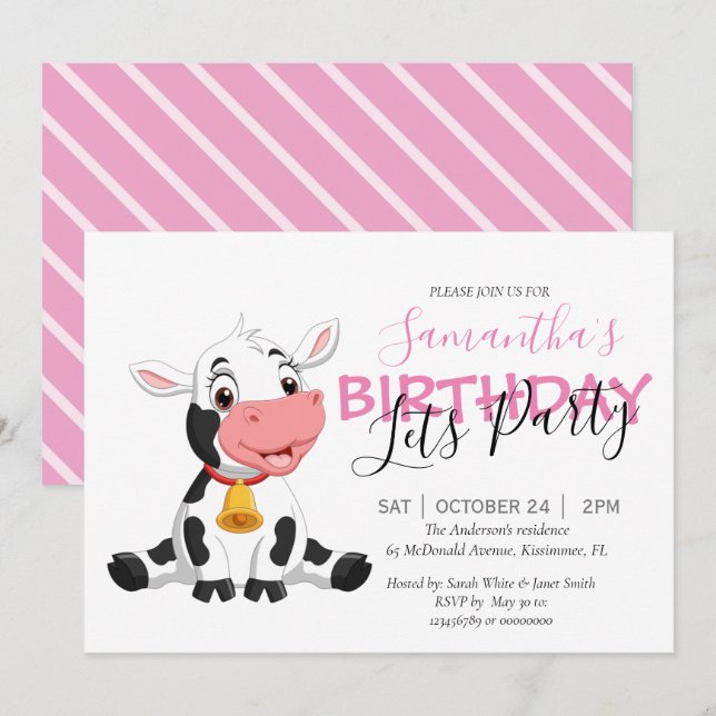 girls birthday party cow invitation (Front/Back)